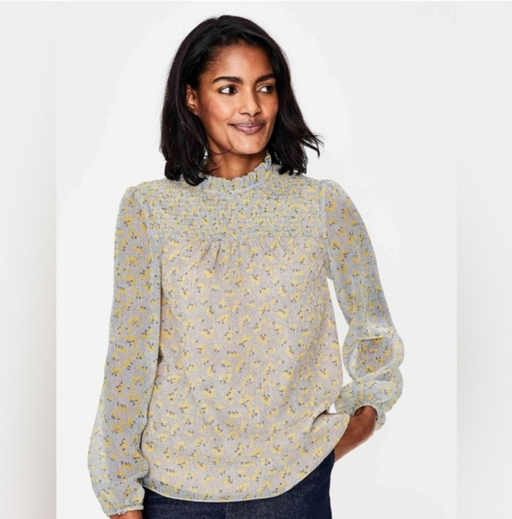 Boden Tops - Boden Janie Shirred Floral Long Sleeve Blouse